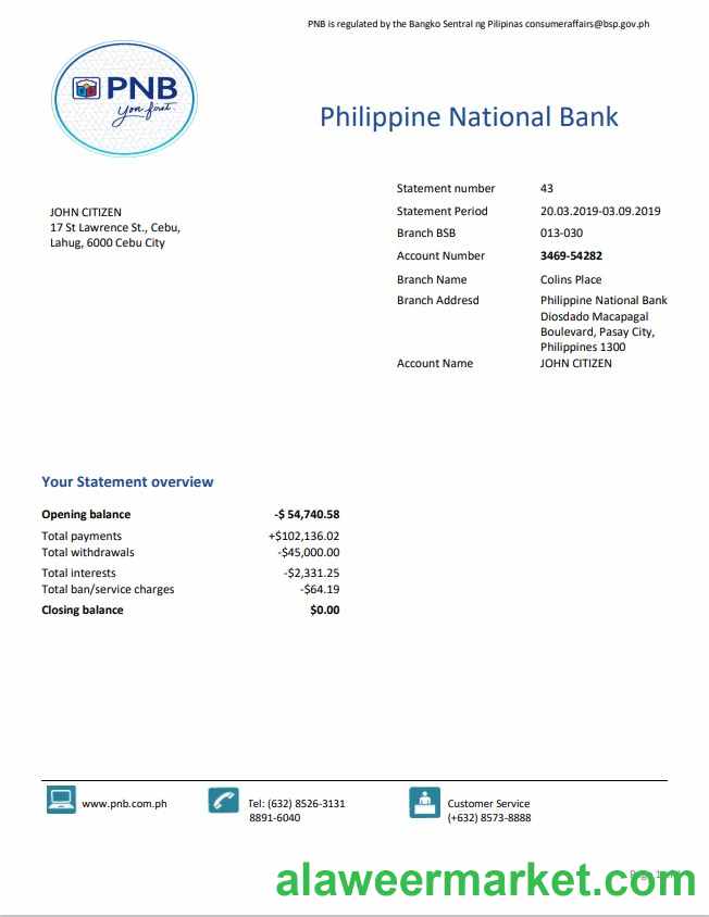 Philippines National Bank (PNB) proof of address bank statement template in Word and PDF format